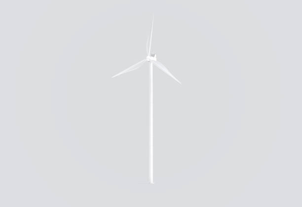 Blank white wind turbine mockup, side view, gray background, 3d rendering. Empty green technology electricity station mock up, isolated. Clear electric milling turbines blades template.