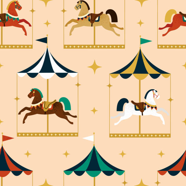 Seamless pattern with festive merry-go-round, vintage carousel with horses. Hand drawn vector illustration