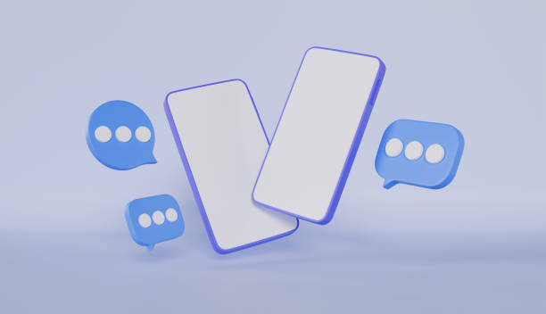 istock Two smartphone with blank screen by white chat bubbles, representing online messaging and communication 2188012501