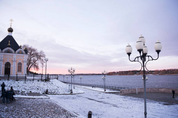 Rybinsk, Russia - November 2, 2024. The city's promenade at sunset overlooking the river