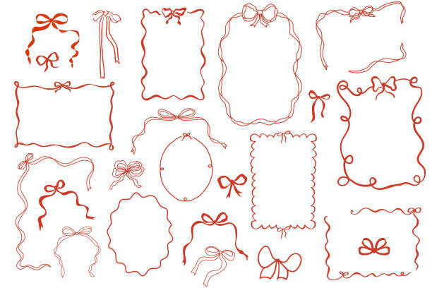 Red whimsical bow knots frames set in vector. Doodle hand drawn vintage bows and ribbons border collection. Red whimsical bow knots frames set. Doodle hand drawn vintage bows, ribbon borders collection for birthday card, wedding invitation, squiggly, wavy borders. Minimal line art, cute vector elements. cute borders for drawing stock illustrations