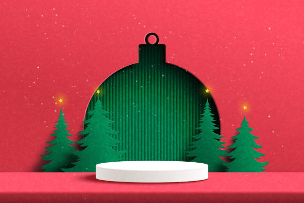 istock Merry Christmas and Happy new year background. White cylinder podium on red background decorated with christmas tree,christmas ball and stars..Paper art vector illustration. 2188020214