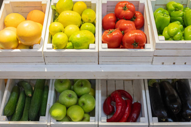 Wooden crates filled with fresh organic vegetables