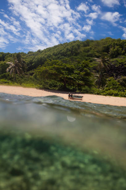 Vast shot of an Hawaiian beach from the water's perspective, cloudy sky behind.