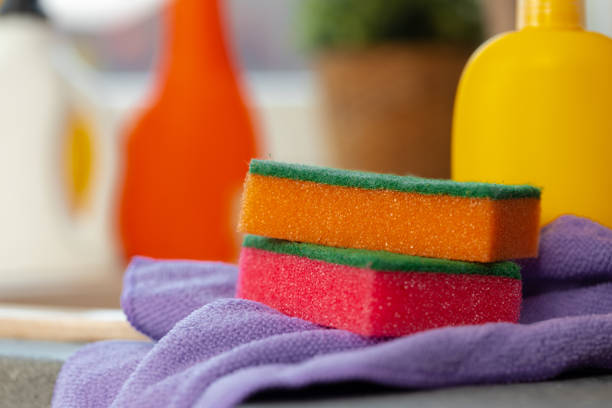 istock Cleaning sponge and rag on kitchen counter 2188026003
