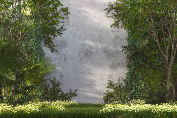 Empty dirty concrete wall surrounded by tropical nature with copy space 3d render illustration