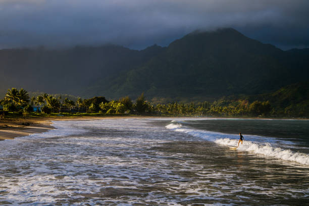 Vast shot of surfers riding waves in hanalei bay, with beautiful hawaiian mountains on the background. Taken in Kauai, Hawaii, during the day.