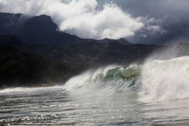 Vast shot of a breaking wave and distant mountains in deep color, cloudy sky behind. Taken in Kauai, Hawaii, during the day.