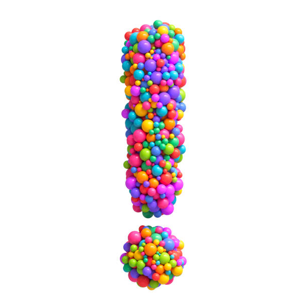 Colorful exclamation mark made of multicolored glossy balls. Rainbow mixed random spheres formed vibrant 3d symbol. Fun, energy, excitement and celebration concepts for children’s design. 3d render