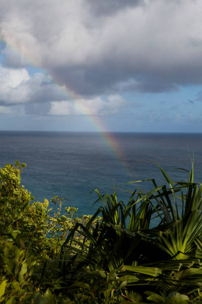 Vast shot of a rainbow formed over the coastline of Napali coast trail, cloudy sky behind. Taken in Kauai, Hawaii, during the day.