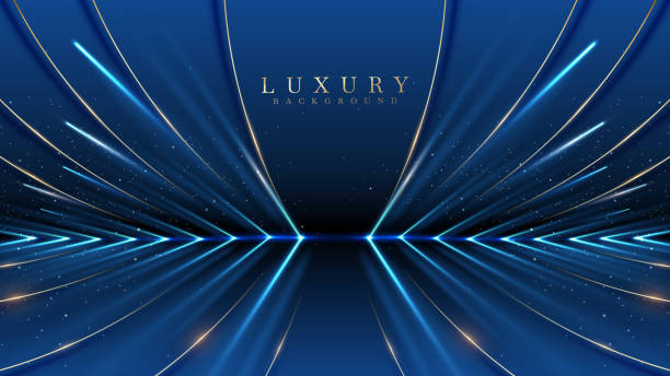 istock Blue luxury stage backdrop with golden curves, beam effects, and sparkling starlight. Design for elegant presentations. Vector illustration. 2188033818