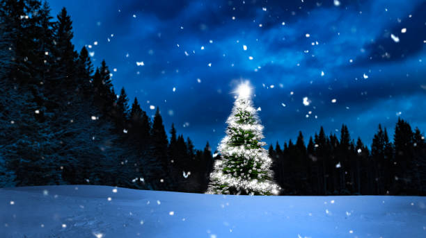 Shiny Christmas tree in a snowy winter forest