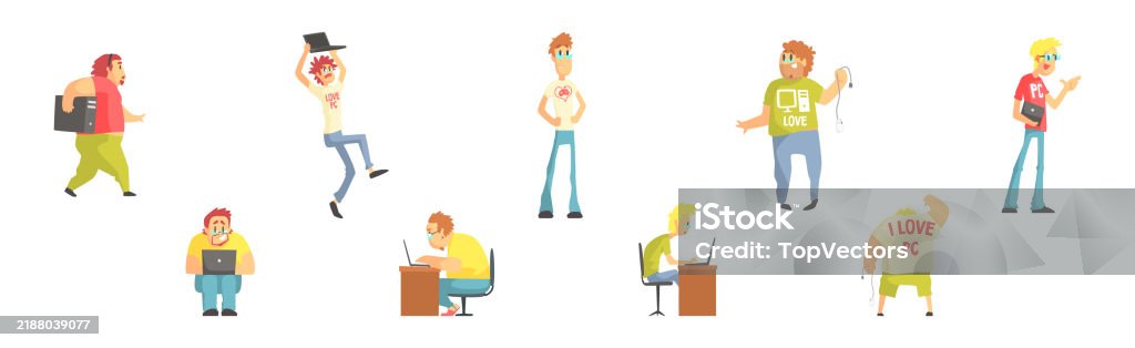 Funny Nerd And Geek Man Character Computer Lover Vector Set Stock ...