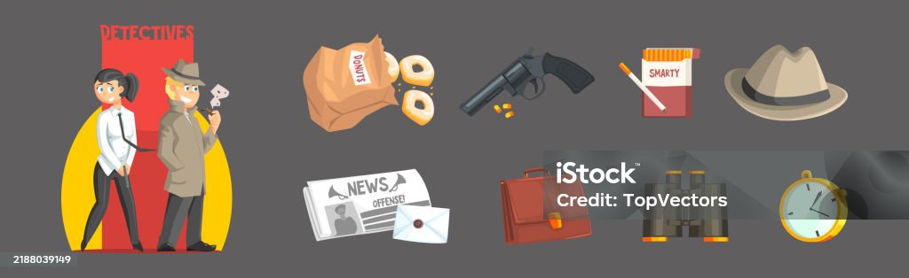 Detective Tools Set Classic Detective Items And Tools Colorful Vector Set Stock ...