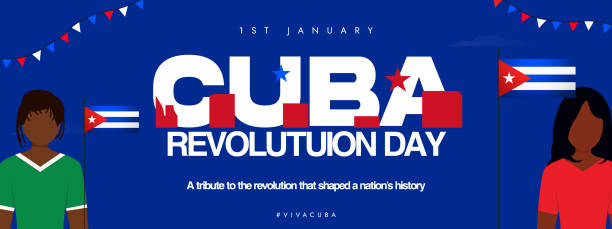 ilustrações de stock, clip art, desenhos animados e ícones de cuba revolution day 26th july cover banner and post template with cuban flags and people in traditional dress. the day commemorates the historic cuban revolution. - 1950 1959