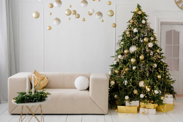istock Christmas interior in white and gold decorations 2188043676