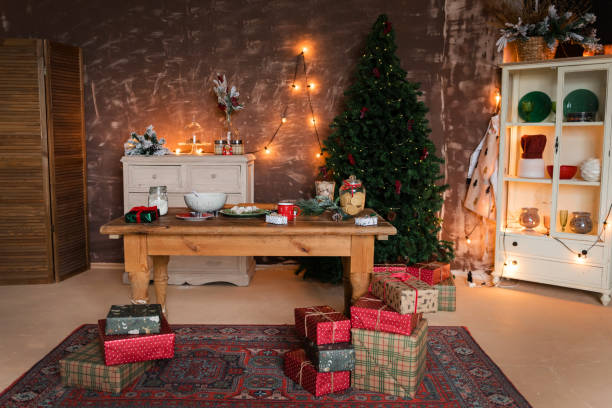 istock Christmas interior, table with pastries and gifts, background 2188043680