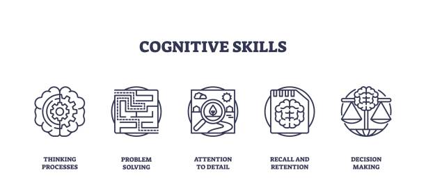 Cognitive skills icons outline key mental processes, brain, puzzle, scales.... Cognitive skills icons outline key mental processes, brain, puzzle, scales. Icons set. improve memory stock illustrations