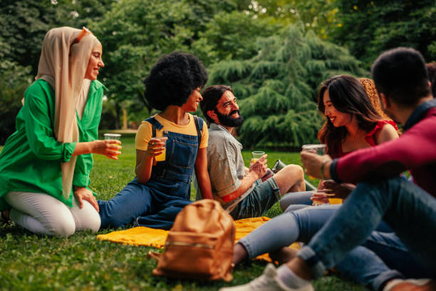 istock Friends gathered on blanket in park 2188050844