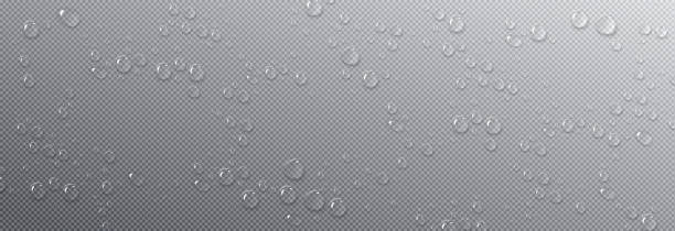 Water droplets on glass or window surface. Water droplets on glass or window surface. Condensation round drops on transparent background. Realistic 3d vector illustration of dewy bg with fresh humid effect. Clean liquid raindrop pattern. sweat droplet stock illustrations