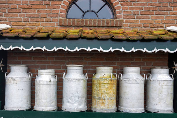 Old milk cans at cheese producing manufacturer