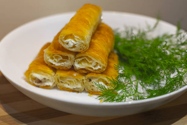 Balkan cuisine. Burek with cheese, popular national dish. Cheese pastry.