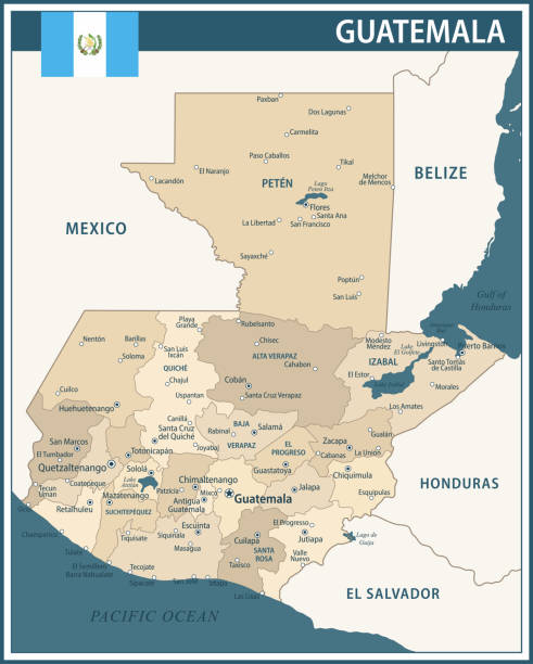 istock Guatemala Map Vector Vintage Dark Blue Beige - Customizable layered political map of Guatemala with administrative divisions for website, education, reports, news, politics, print, poster 2188061909