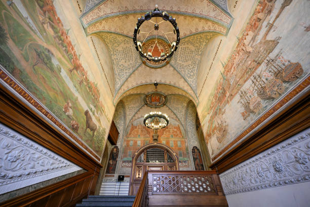 Copenhagen, Denmark - Jul 17, 2023: Copenhagen town hall Interior. Historic City Hall Building in Denmark. interior Hall building Kobenhavns located on Square in central Copenhagen.
