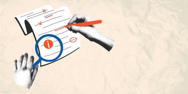 Document review halftone collage vector illustration Document review halftone collage banner template with copy space. Cut out hands making grammar, spelling check, searching for mistakes, proofreading paper. Modern retro vector illustration proof reading documents stock illustrations