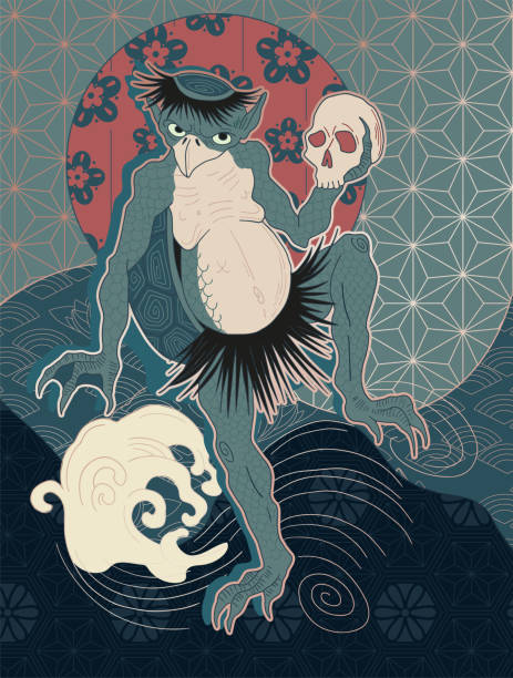 tattoo design of japanese yokai Kappa, japanese turtle tattoo design of japanese yokai Kappa, japanese turtle, fantasy, japanese folklore, hand drawn art chinese frog stock illustrations