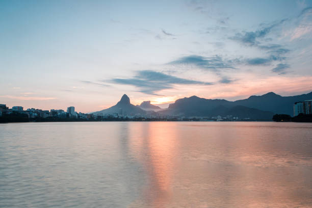 Sunset view at Rodrigo de Freitas Lagoon in Rio de Janeiro, Brazil.