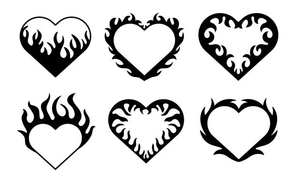 Set of flames and fire heart shape in gothic style. Gothic and acid tattoos. y2k elements. Aesthetic of 90s, 2000s Set of flames and fire heart shape in gothic style. Gothic and acid tattoos. y2k elements. hand tattoo flash silhouette stock illustrations