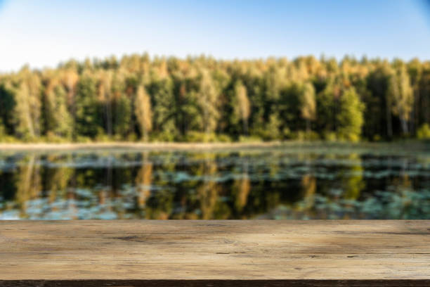 istock Wooden table with forest lake and nature background. Product display background. 2188073448