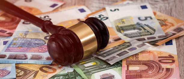 istock wooden judge hammer gavel over assorted EU Euro notes 2188074272