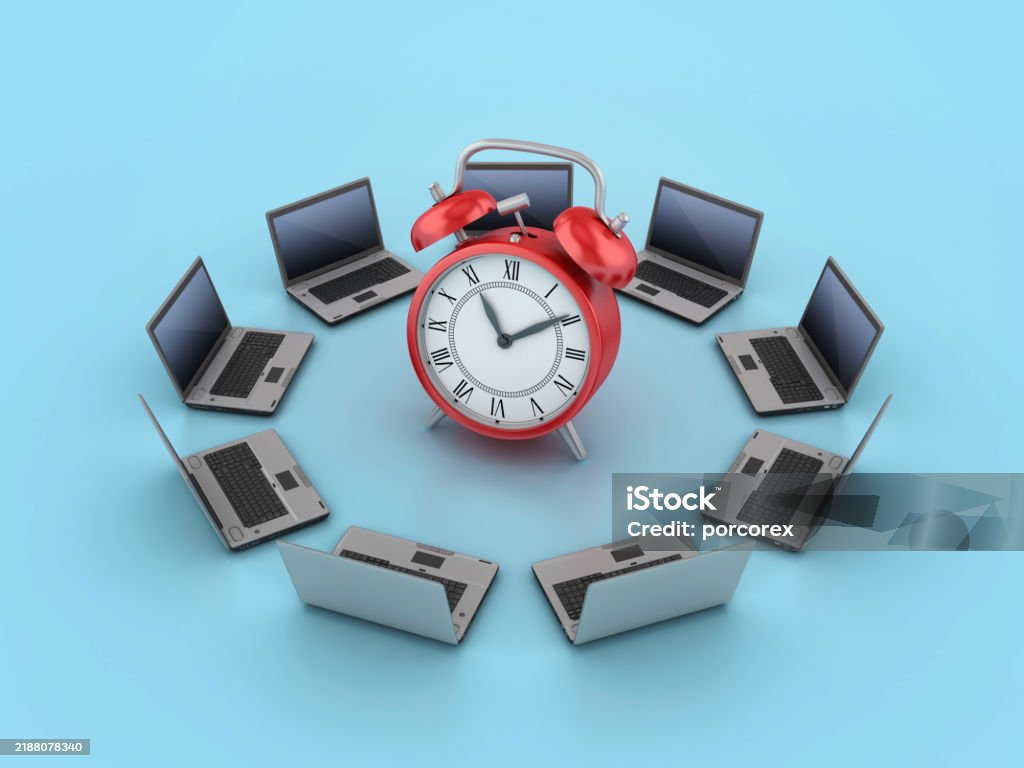 Clock In Computer Clock With Computer Laptops Stock Photo - Download Image Now ...