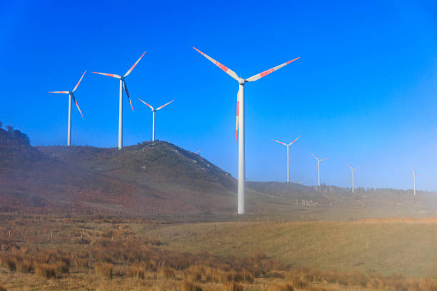 Wind farm in the fog on a hill in Sicily