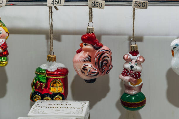 Christmas tree decorations on a store counter close-up. High quality photo