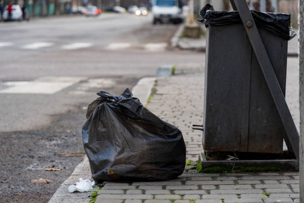 istock Two black trash bags rest beside a metallic garbage container along a city sidewalk, emphasizing the ongoing issues with urban waste disposal and environmental conservation efforts 2188093335