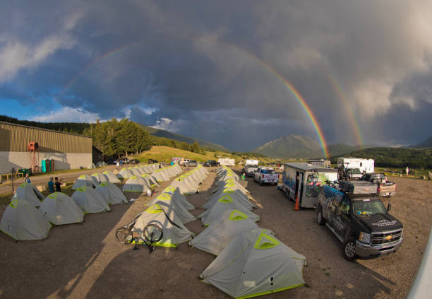 A double rainbow is pictured over the competitors campsite during the TransRockies mountain bike stage race in the Crowsnest Pass in Alberta, Canada. Competitors sleep in tents after each stage. (John Gibson Photo / GibsonPictures)