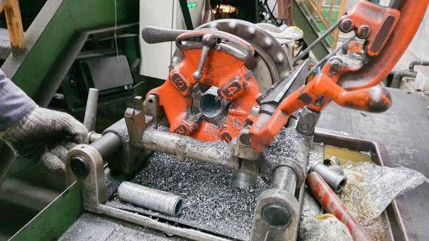 istock Steel pipe cutting machine for plumbing work in factory 2188104370