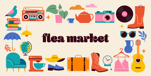 Garage Sale, Yard sale posters, flyers, post templates. Retro style flea market, second hand and garage sale concept vector design