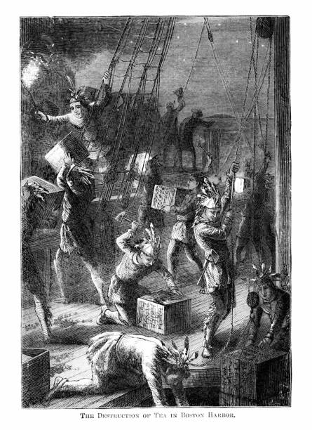 Sons of Liberty, American colonists, rebelled against English taxation without representation by pretending to be Native Americans and throwing tea into the Boston Harbor in December 16, 1773. Illustration published 1882. Copyright expired; artwork is in Public Domain.