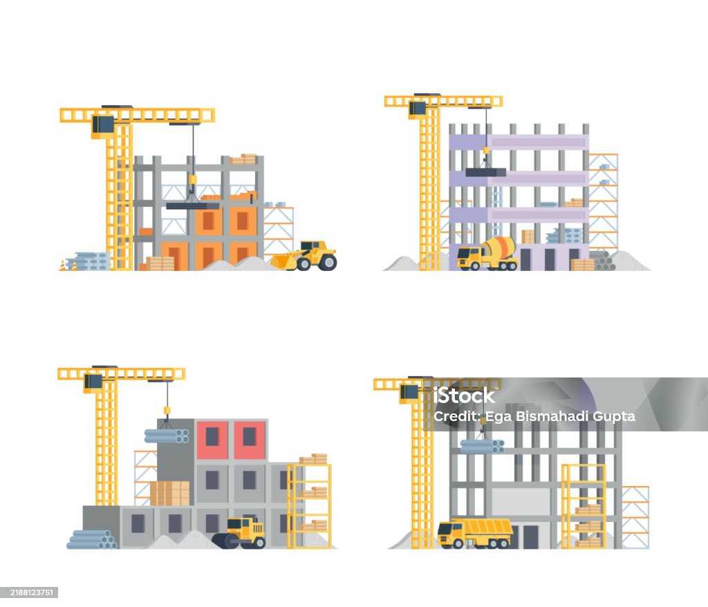 Building Infrastructure Site Graphics Construction Site Building Illustration Bundle Vector Elements Set And ...