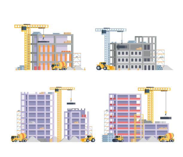 Construction site building illustration bundle, vector elements set and collection. Vector bundle featuring construction site building illustrations in front view, complete with cranes, scaffolding, and equipment. Ideal for construction-themed projects, urban development visuals, and industrial design concepts. drawing-of-a-scaffolding stock illustrations