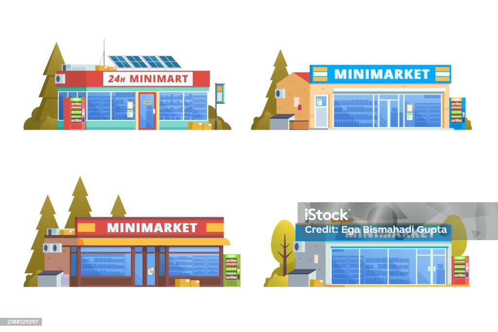 Minimarket Or Store Building Illustration Bundle Vector Elements Set ...