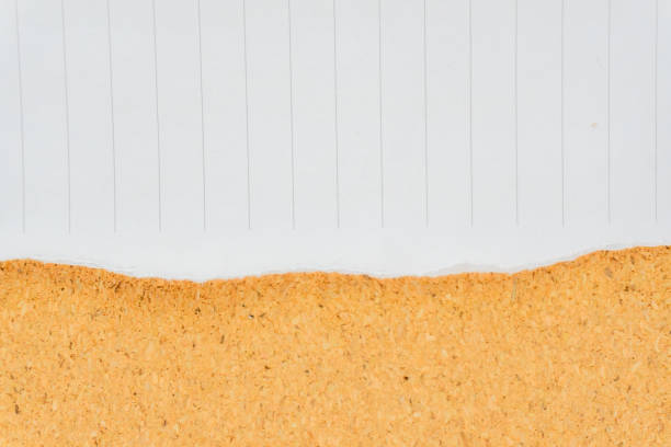 Torn piece of brown kraft paper with green push pin on white background. Copy space