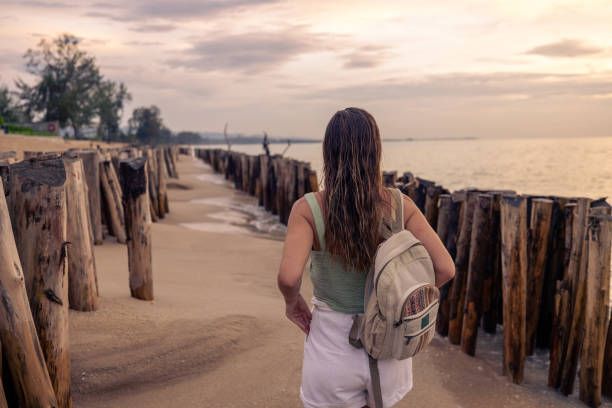 Woman in summer attire strolling on a sandy beach beside wooden posts. Serene sunset scene with an ocean view.