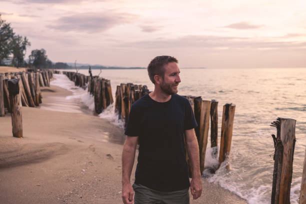 Man strolling barefoot along sandy beach with ocean waves lapping beside weathered wooden posts. Serene scene evoking tranquility and nature's beauty