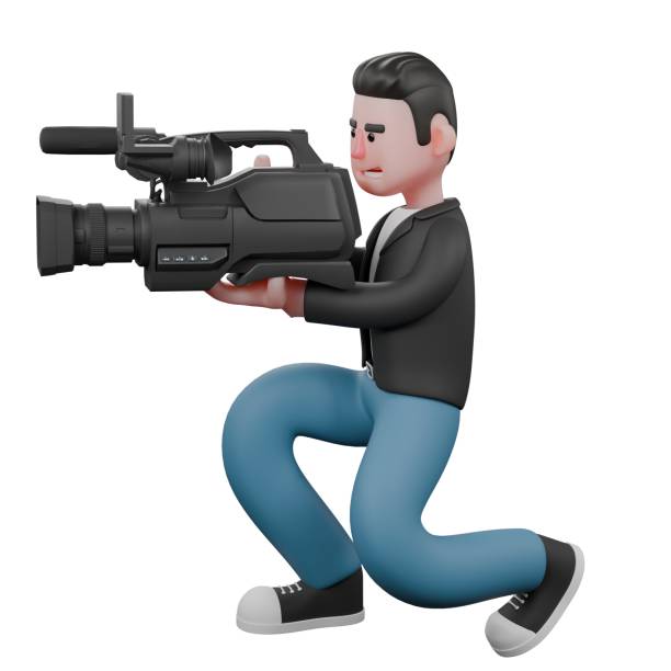 Cartoon Cameraman Design Style Creative Artwork 3D. A Male Cameraman kneels with both hands holding the camera, showing a focused expression. Illustration