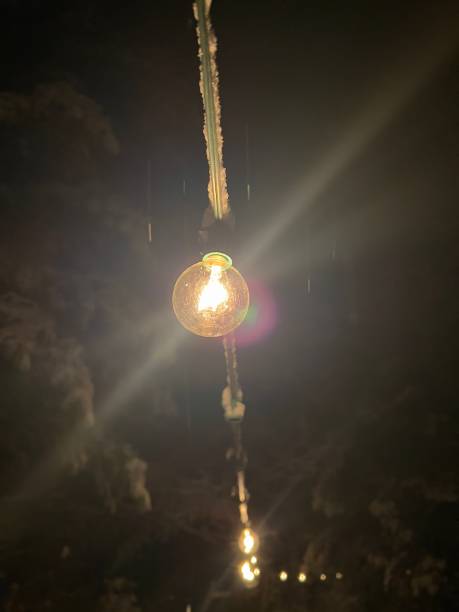 Looking up view of a large string light bulb, hung outdoors at night in a pine forest footpath. It is lightly snowing outside. The main bulb has light flares, and a few of the other string lights can be seen, farther away in the forest.
